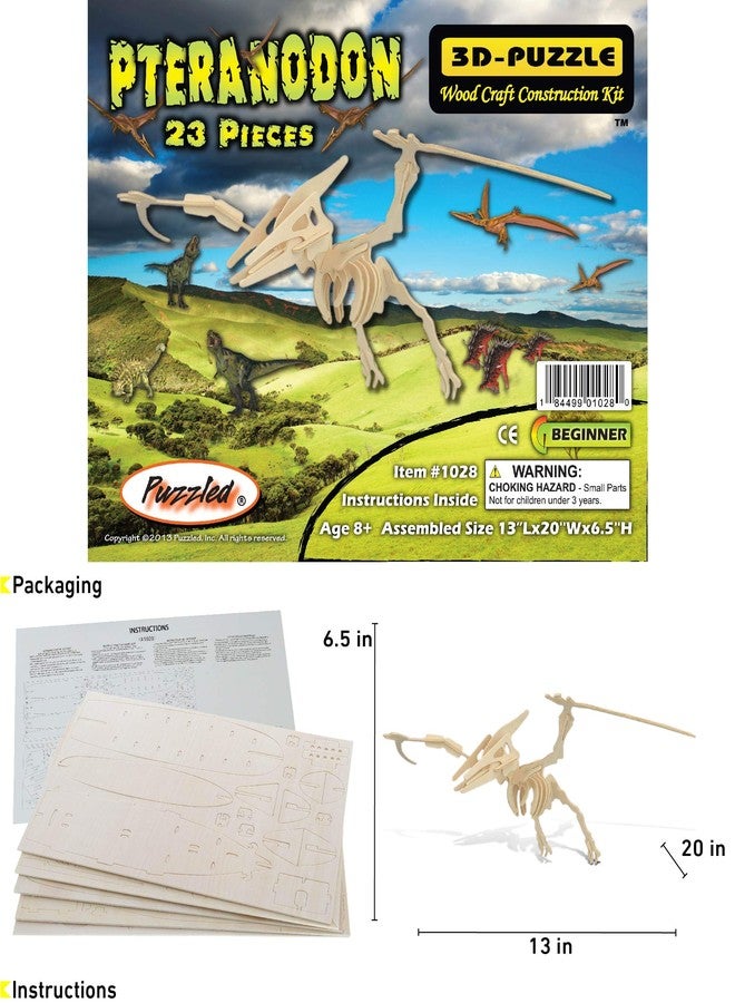 Puzzled Pteranodon 3D Woodcraft Jigsaw Construction Puzzle Kit - Wooden Flying Dinosaur Skeleton Model 23 Pieces Precut Woods - Awesome Brain Teasing Activity for Kids and Adults - Item 1028-80 - Image 2